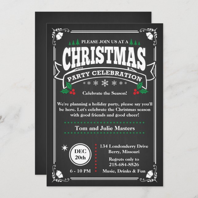 Elegant Black Chalkboard Christmas Party Invitation (Front/Back)
