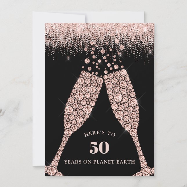 Elegant Black Champagne Toast 50th Birthday Party Invitation (Front)