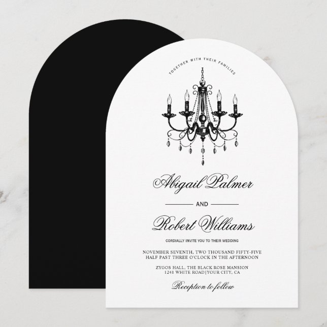 Elegant black chandelier Old Money arched wedding  Invitation (Front/Back)