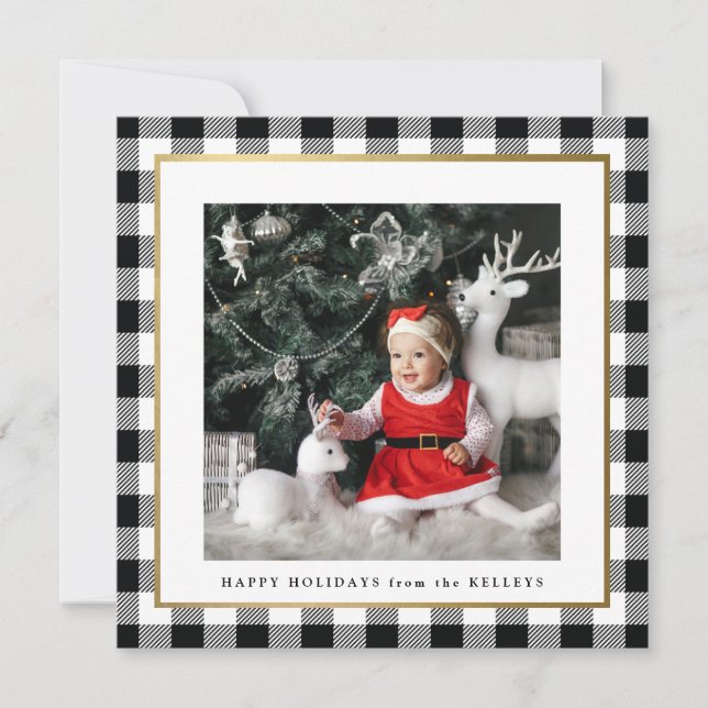 Elegant Black Check Framed 1 Photo Square Holiday Card (Front)