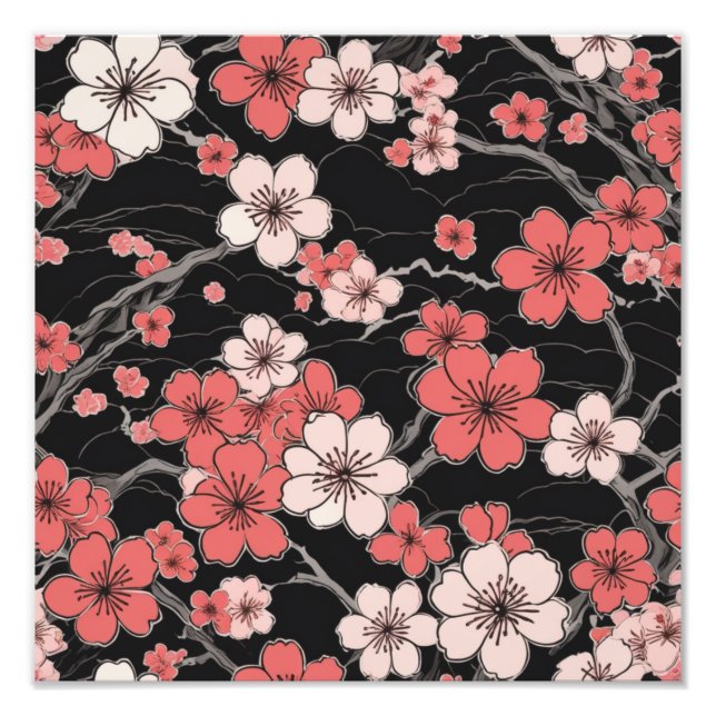 Elegant Black Cherry Blossom Pattern Photo Print (Front)