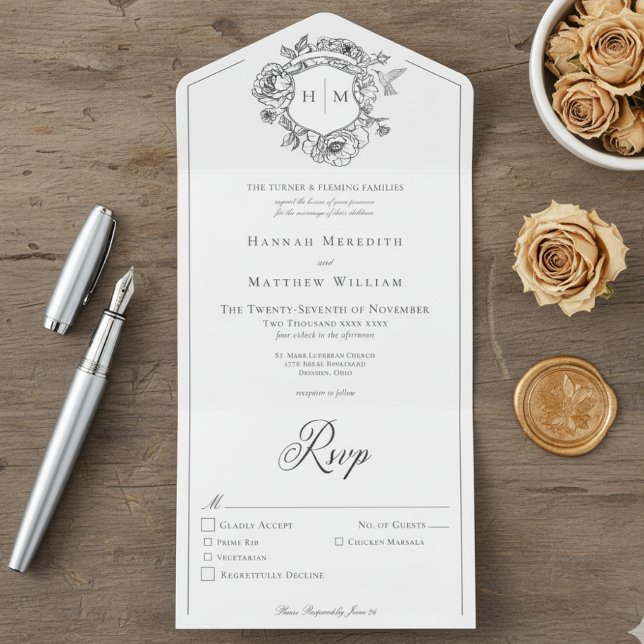 Elegant Black Chinoiserie Bird Crest Wedding All In One Invitation (Creator Uploaded)