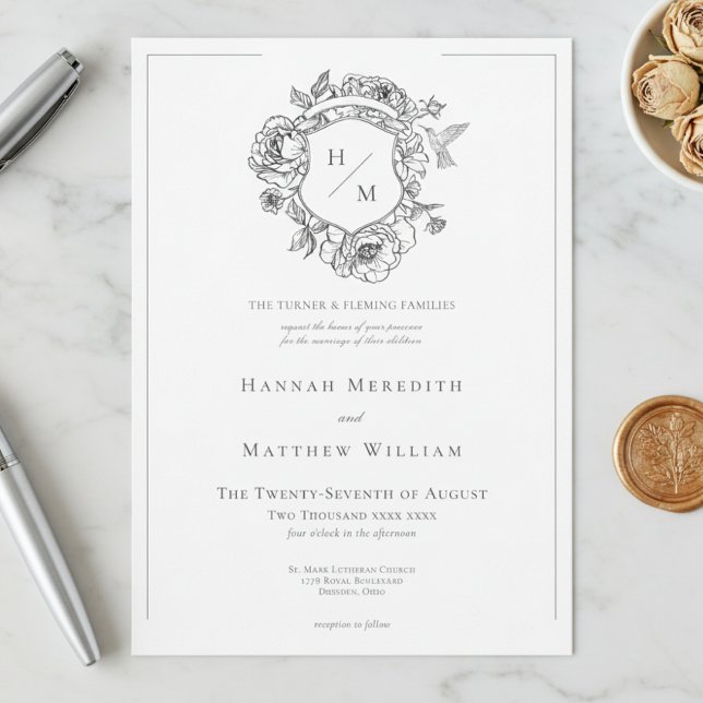 Elegant Black Chinoiserie Bird & Crest Wedding Invitation (Creator Uploaded)