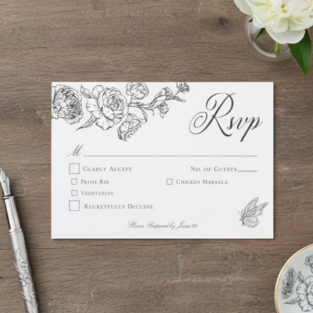 Elegant Black Chinoiserie Bird & Crest Wedding RSVP Card (Creator Uploaded)