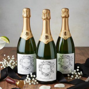 Elegant Black Chinoiserie Bird Crest Wedding Sparkling Wine Label