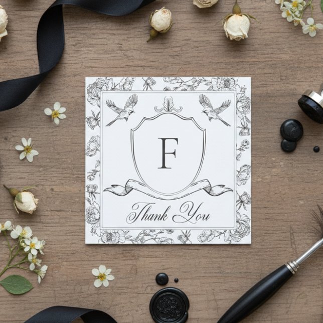 Elegant Black Chinoiserie Bird & Crest Wedding Thank You Card (Creator Uploaded)