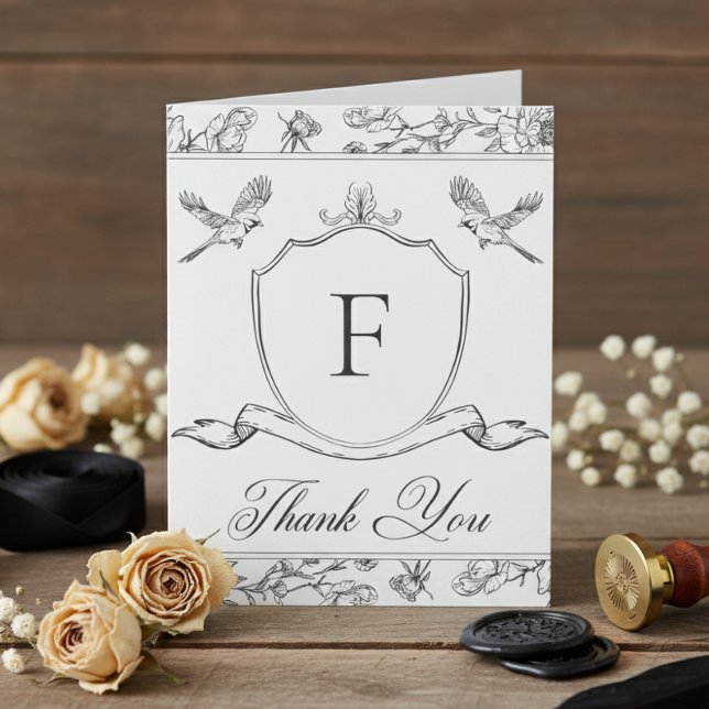 Elegant Black Chinoiserie Bird & Crest Wedding Thank You Card (Creator Uploaded)