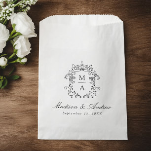 Elegant Black Chinoiserie Crest Monogram Wedding Favour Bag