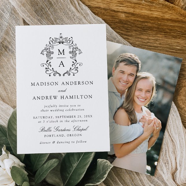 Elegant Black Chinoiserie Floral Photo Wedding Invitation (Creator Uploaded)