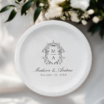 Elegant Black Chinoiserie Monogram Crest Wedding Paper Plate<br><div class="desc">Add a personalised, romantic touch to your wedding reception, engagement party, couples shower, or rehearsal dinner with Elegant Black Chinoiserie Victorian Floral paper plates. The elegant wedding paper plates feature an intricate black chinoiserie crest surrounding the couple's monogram initials. Your names are displayed in a classic black calligraphy script with...</div>