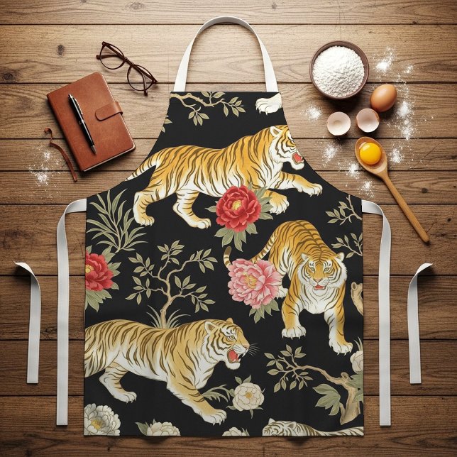 Elegant Black Chinoiserie Tiger and Peony Pattern Apron (Creator Uploaded)
