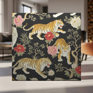 Elegant Black Chinoiserie Tiger and Peony Pattern Ceramic Tile