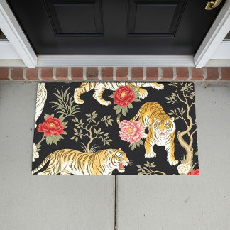 Elegant Black Chinoiserie Tiger and Peony Pattern Doormat