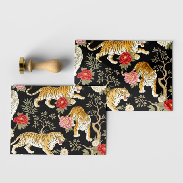 Elegant Black Chinoiserie Tiger and Peony Pattern Envelope (Creator Uploaded)