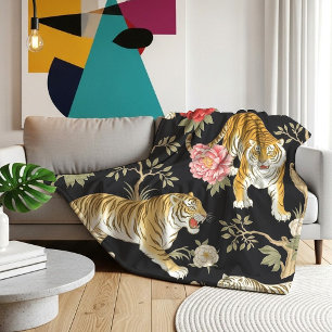Elegant Black Chinoiserie Tiger and Peony Pattern Fleece Blanket
