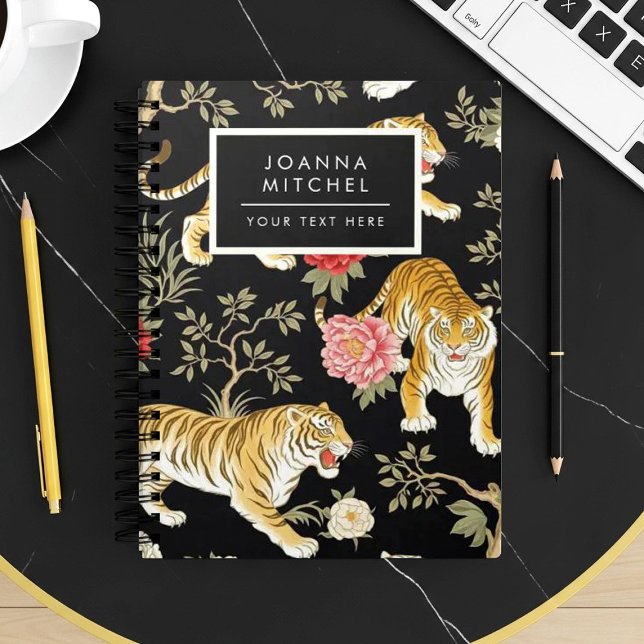 Elegant Black Chinoiserie Tiger and Peony Pattern Notebook (Creator Uploaded)