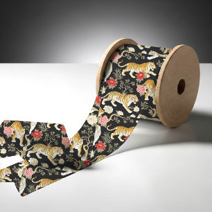 Elegant Black Chinoiserie Tiger and Peony Pattern Satin Ribbon