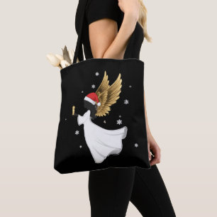 Elegant Black Christmas Angel with Golden Wings Tote Bag