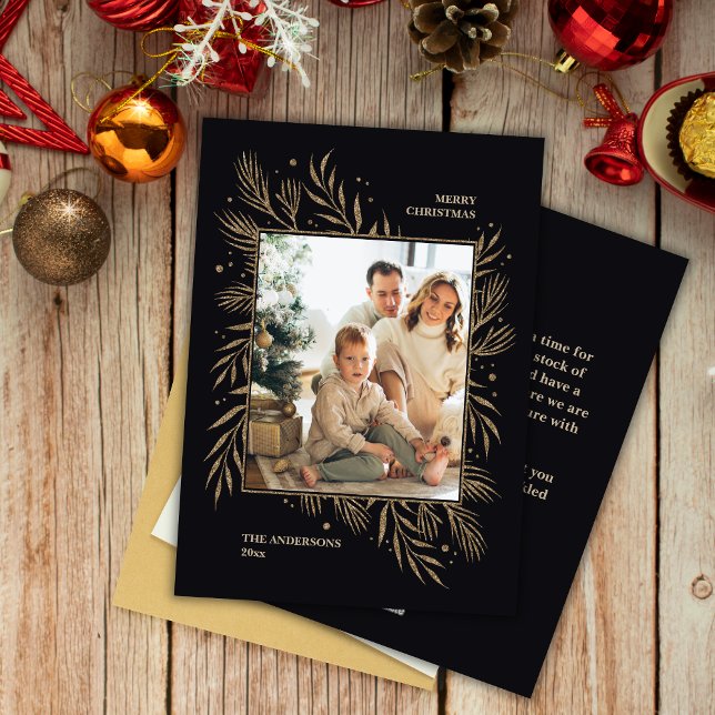 Elegant Black Christmas Custom Photo Message  Holiday Card (Creator Uploaded)