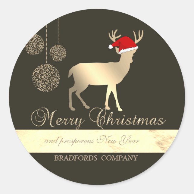 Elegant Black, Christmas Deer ,Santa Hat,Company  Classic Round Sticker (Front)