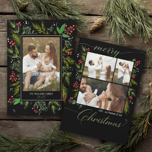 Elegant Black Christmas Greenery Wreath 4 Photo Holiday Card