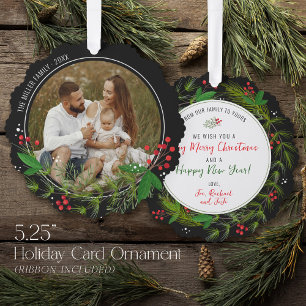 Elegant Black Christmas Greenery Wreath Photo  Tree Decoration Card