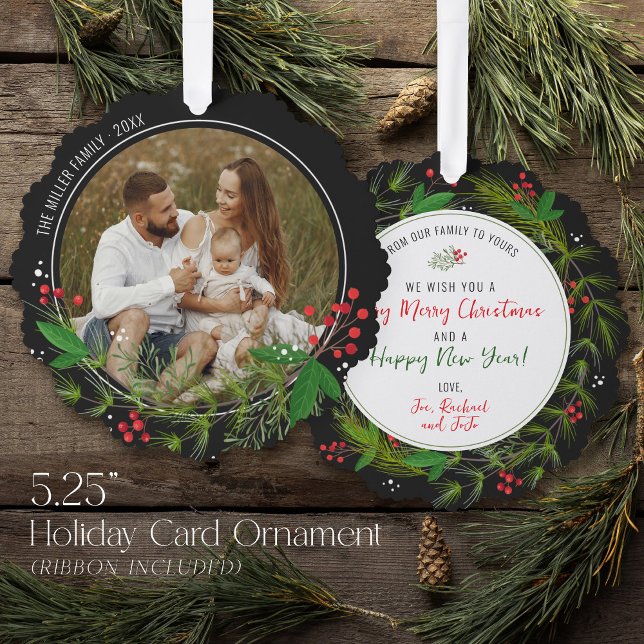 Elegant Black Christmas Greenery Wreath Photo  Tree Decoration Card (Unique photo holiday card & ornament with ribbon in one! Gray black greenery wreath Merry Christmas)