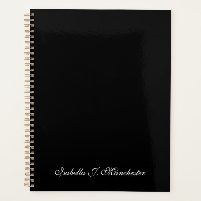 Elegant black classic script custom name text planner (Front)