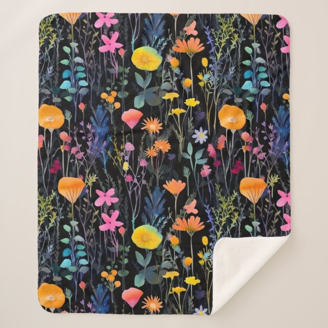 Elegant black colorful wildflowers watercolor sherpa blanket (Front)