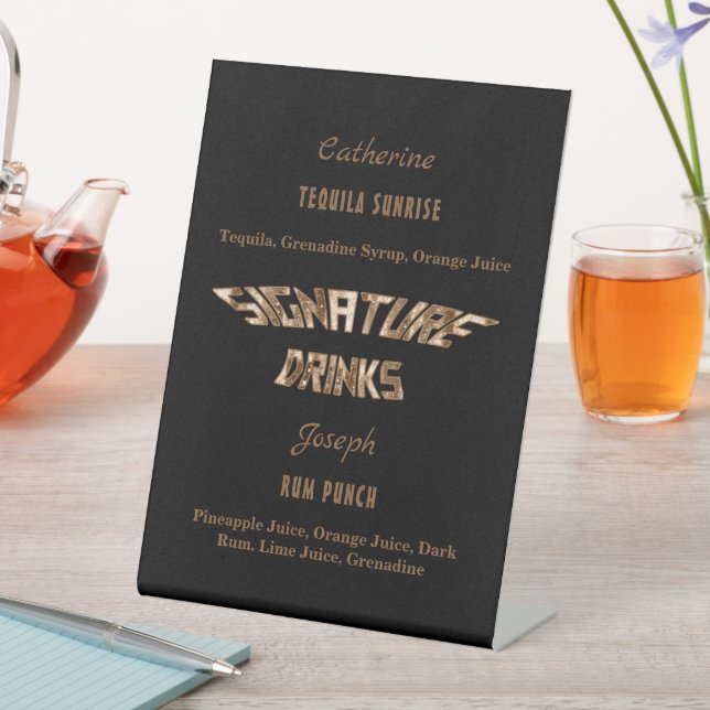Elegant Black & Copper Signature Drinks Pedestal Sign (In SItu)