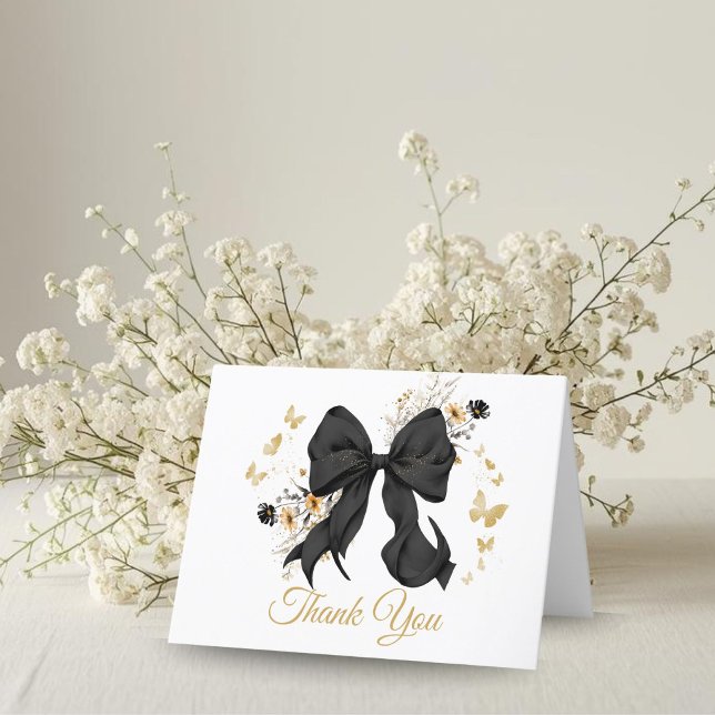 Elegant Black Coquette Bow Thank you Card (Elegant Black Bow Wildflower thank you card)