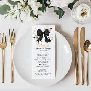 Elegant Black Coquette Bow Wildflower Menu Card
