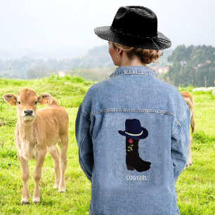 Elegant Black Country Hat and Boots Denim Jacket