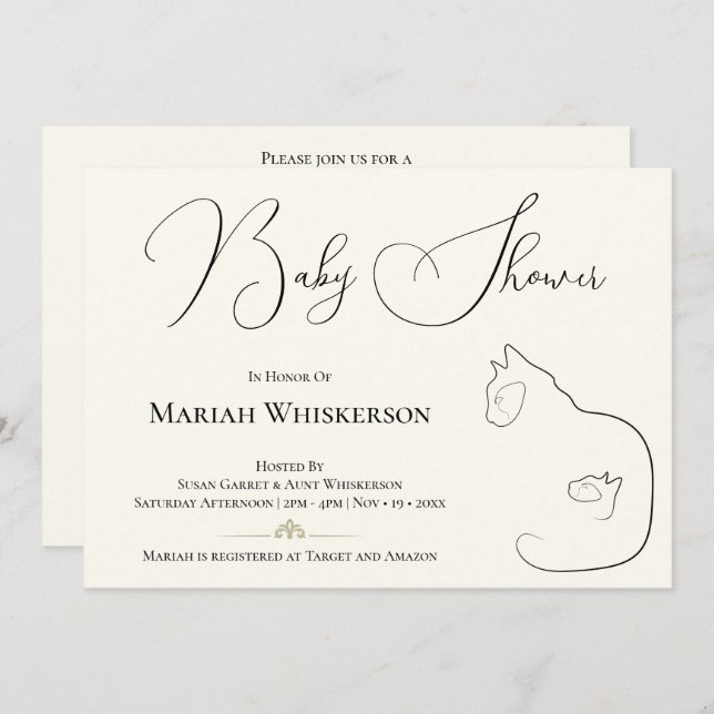 Elegant Black & Cream Cat Lover Baby Shower Invitation (Front/Back)