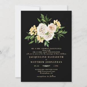 Elegant Black Cream Floral Peonies Wedding  Invitation