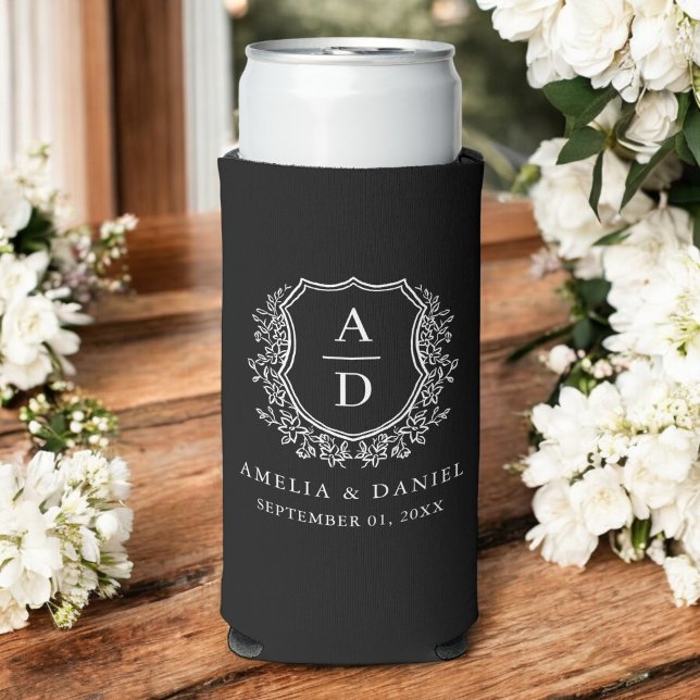 Elegant Black Crest Modern Monogram Wedding  Seltzer Can Cooler (Creator Uploaded)