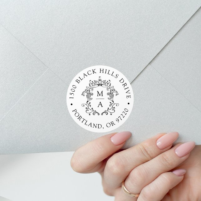 Elegant Black Crest Wedding Return Address Classic Round Sticker (Creator Uploaded)