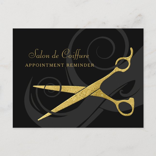 Elegant Black Curls Faux Gold Scissors Appointment Postcard (Front)