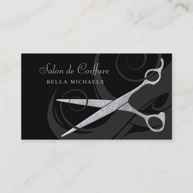 Elegant Black Curls Silver Scissors Hair Salon Appointment Card (Front)