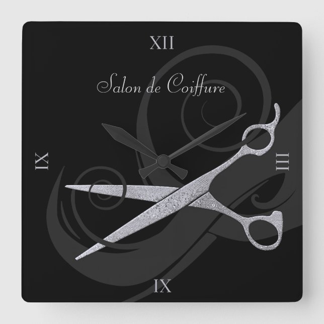 Elegant Black Curls Silver Scissors Hair Salon Square Wall Clock (Front)
