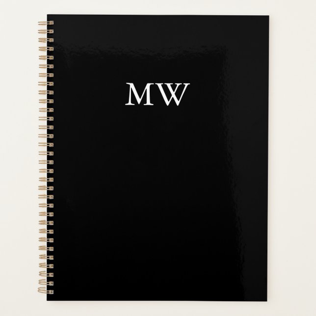 Elegant black custom monogram initials classic planner (Front)