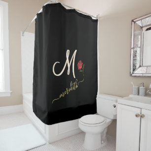 Elegant Black Custom Monogram Name Red Rose   Shower Curtain