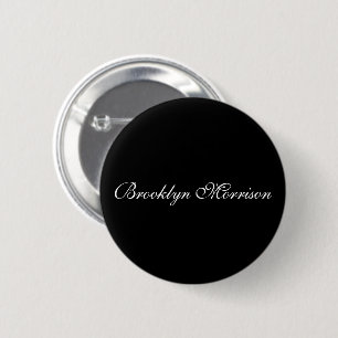 Elegant black custom script monogram name text 6 cm round badge