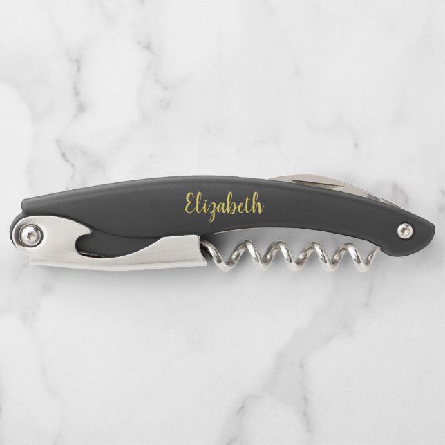 Elegant Black Custom Typography Gold Text Name Corkscrew (Front)