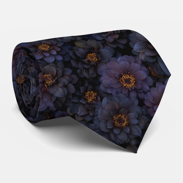 Elegant Black Dahlia Floral Pattern Tie (Rolled)