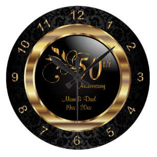 Elegant Black Damask - 50th Golden Anniversary Large Clock