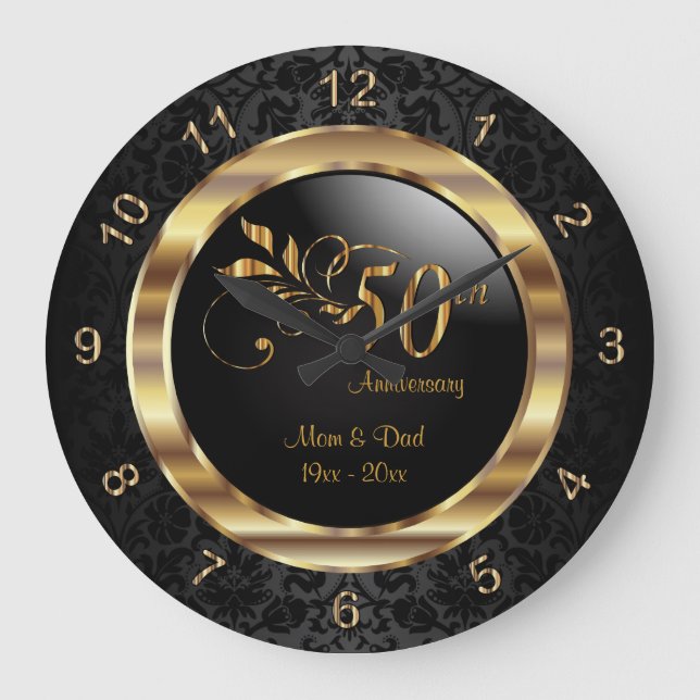 Elegant Black Damask - 50th Golden Anniversary Large Clock (Front)
