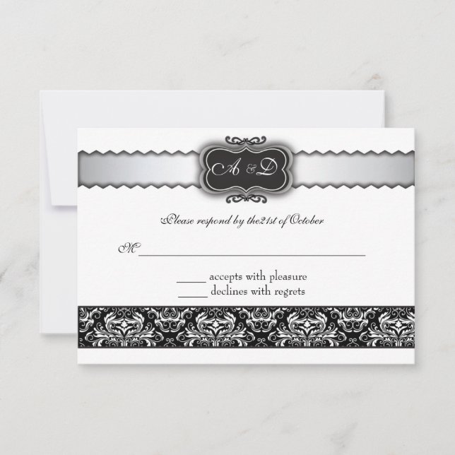 Elegant Black Damask and Silver RSVP cards (Front)