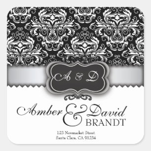 Elegant Black Damask and Silver wedding labels