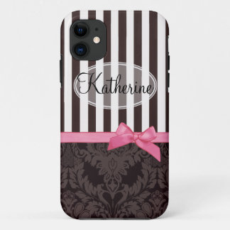 Elegant black damask and stripes iPhone 11 case